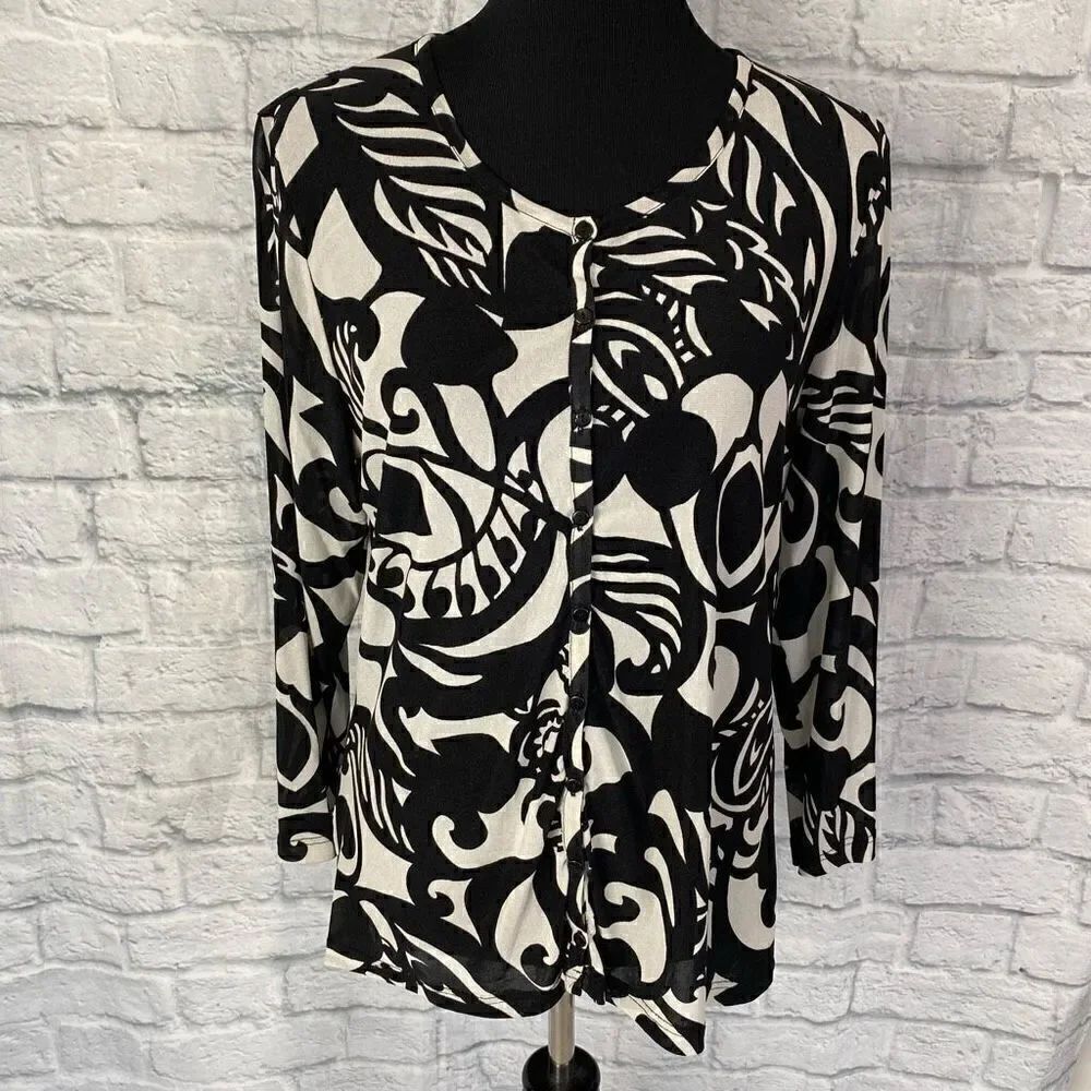 Rafael women XL semi sheer button up Longsleeve print cardigan black & white